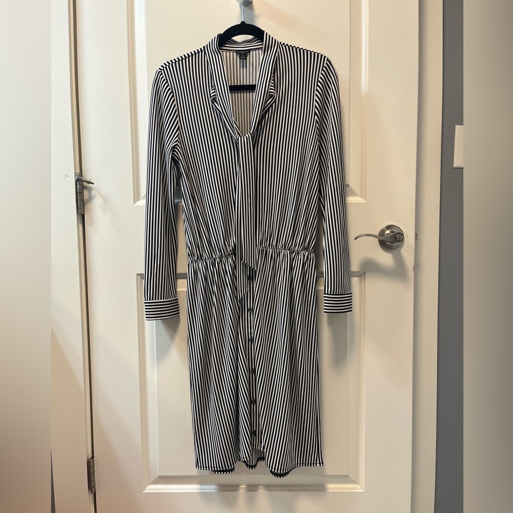 Ann Taylor Black and White Striped Midi Shirt Dress